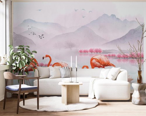 Flamingos living room wallpaper mural A10019600