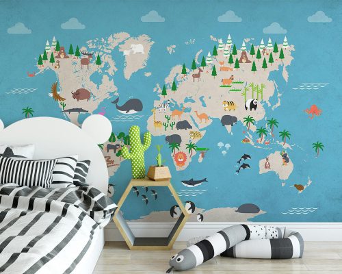 Blue animal habitant world map kids room wallpaper mural A10021100