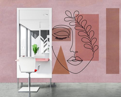 Line art print face leaf, neutral color, art boho, modern art hair salon wallpaper mural A10043900