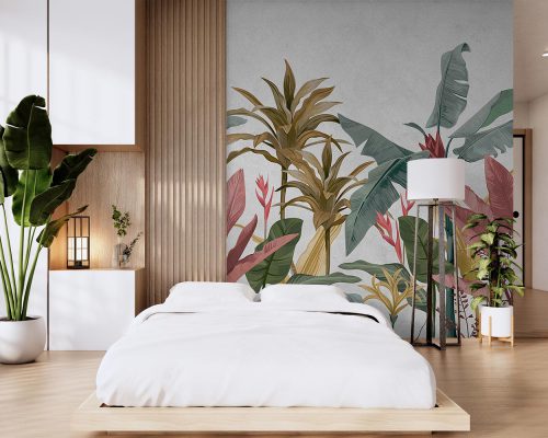 Colorful tropical leaves on gray background bedroom wallpaper mural A10046710