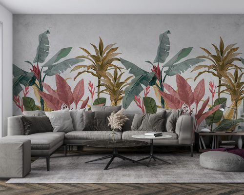 Colorful tropical leaves on gray background living room wallpaper mural A10046710