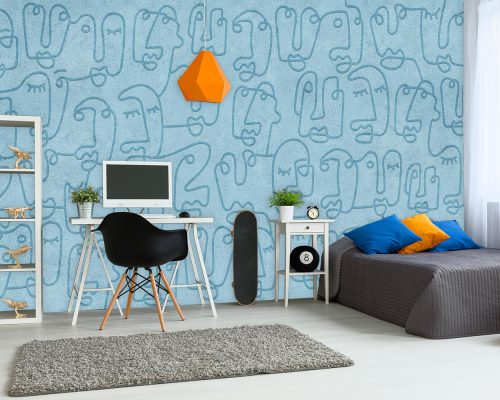 Blue outline face drawing boy room wallpaper mural A12110900
