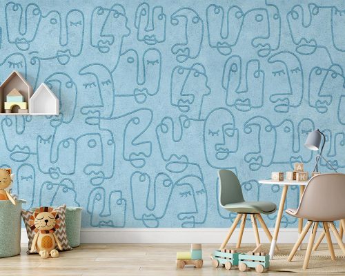 Blue outline face drawing kids room wallpaper mural A12110900
