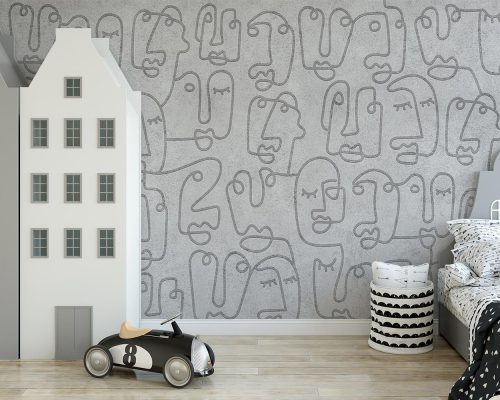 Gray outline face drawing kids room wallpaper mural A12110910