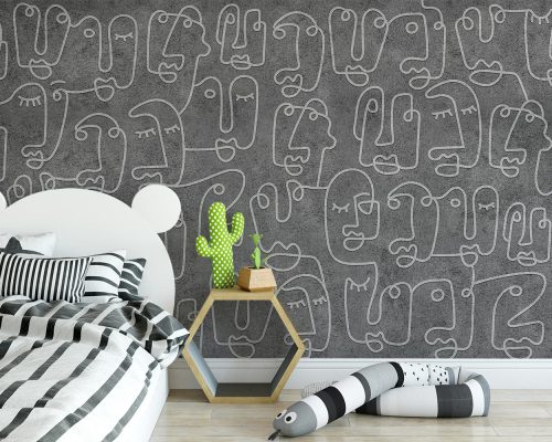 Dark gray outline face drawing kids room wallpaper mural A12110920