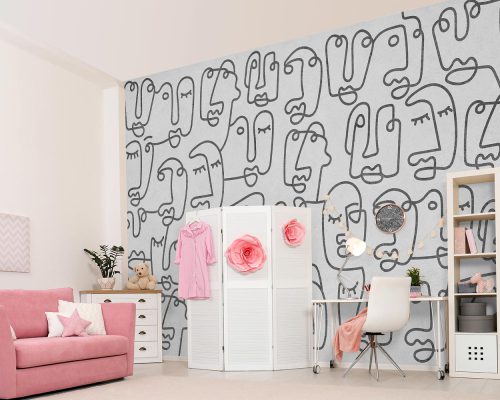 White outline face drawing girl room wallpaper mural A12110930