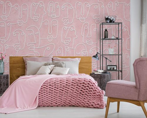Pink outline face drawing girl room wallpaper mural A12110940