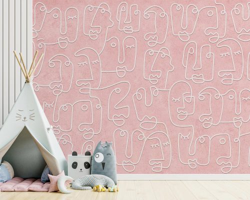 Pink outline face drawing kids room wallpaper mural A12110940