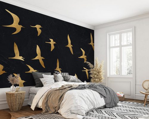 Golden birds on marble background bedroom wallpaper mural A12111240