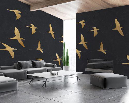 Golden birds on marble background living room wallpaper mural A12111240