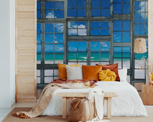 Opened window with a view of the beach transparent colors bedroom wallpaper mural A12010700