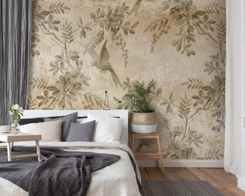 Beige Leaves and Floral Wallpaper Mural A11010920 for Bedroom