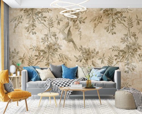 Beige Leaves and Floral Wallpaper Mural A11010920