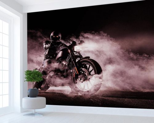 Motorcycle Chopper Driver at Foggy Night Wallpaper Mural A10053500