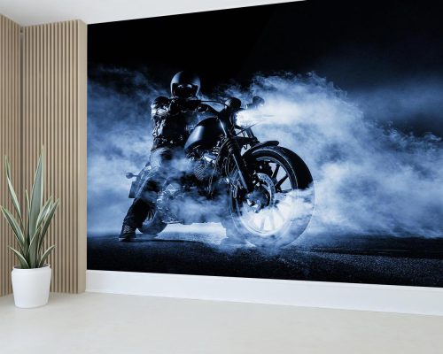 Motorcycle Chopper Driver at Foggy Night Wallpaper Mural A10053510