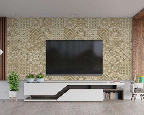 Traditional Tiles with Cream Geometric Shapes Wallpaper Mural A10054400 behind TV