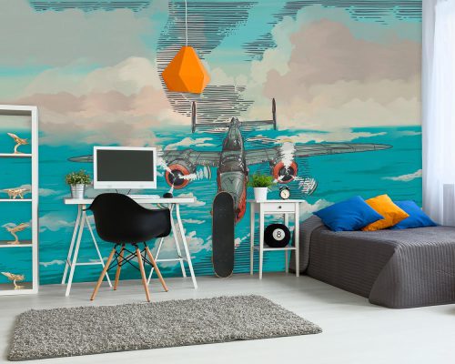 Cartoon Gray Airplane in Clouds and above the Ocean Wallpaper Mural A10066500 boy room