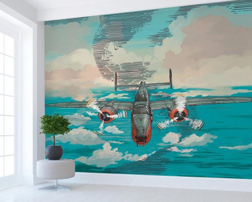 Cartoon Gray Airplane in Clouds and above the Ocean Wallpaper Mural A10066500