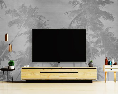Gray Palm Trees Wallpaper Mural A10110700 behind TV