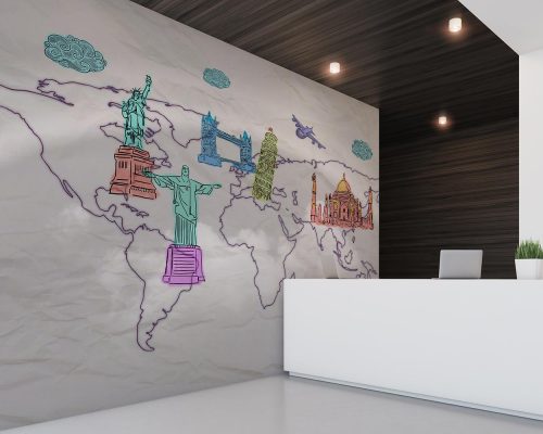 White World Map and Famous Places Wallpaper Mural A10111700 for Travel Agency