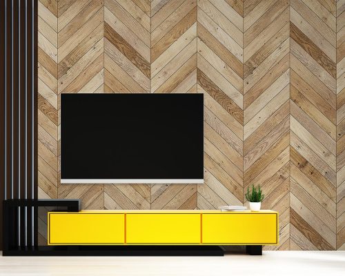 Cream and Brown Chevron Pattern Wood Wallpaper Mural A10112200 behind TV