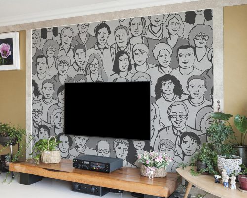 Gray People Faces Wallpaper Mural A10117100 behind TV