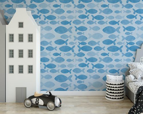 Blue Cartoon Fish Pattern Wallpaper Mural A10117300 for baby boy kid room
