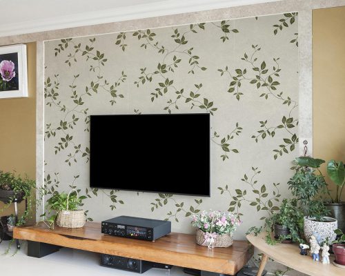 Green Leaves in Gray Background Wallpaper Mural A10120400 behind TV