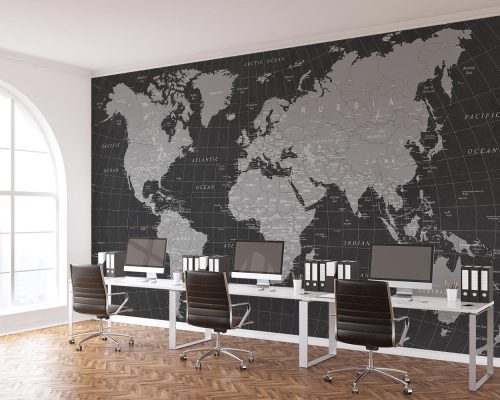 Gray and Black World Map Wallpaper Mural A10126900 foe office