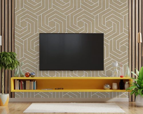 Cream Geometric Wallpaper Mural A10128600 behind TV