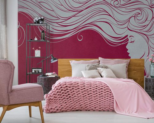 Silhouette of a Long Hair Woman On Pinkish Red Background Wallpaper Mural A10129000 for girl room