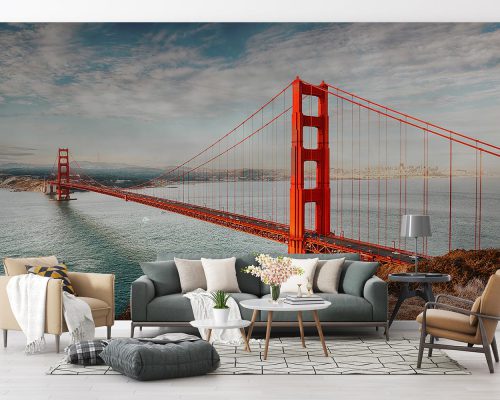 Orange Golden Gate Bridge Under Cloudy Sky Wallpaper Mural A10130700 for living room