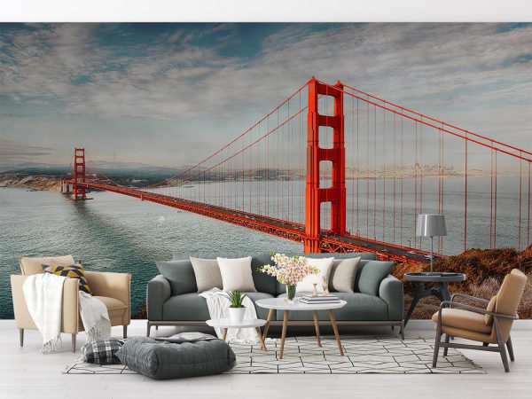 Orange Golden Gate Bridge Under Cloudy Sky Wallpaper Mural A10130700 for living room