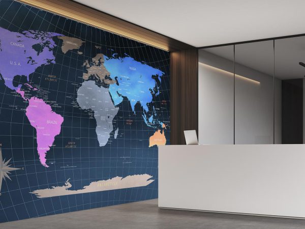Colorful World Map in Navy Blue Background Wallpaper Mural A10131600 for office