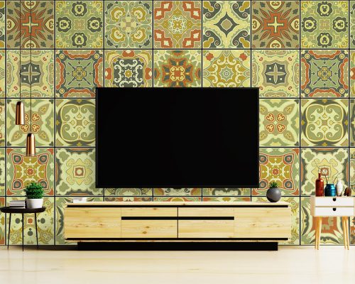 Colorful Traditional Tiles Wallpaper Mural A10134500 behind TV