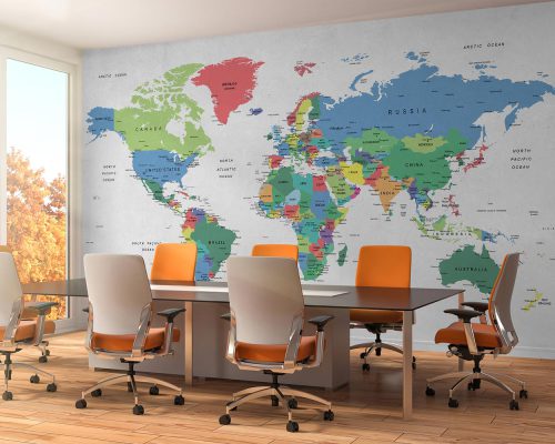Colorful World Map in Soft Gray Background Wallpaper Mural A10136300 for office