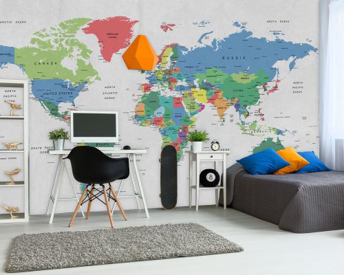 Colorful World Map in Soft Gray Background Wallpaper Mural A10136300 for boy room