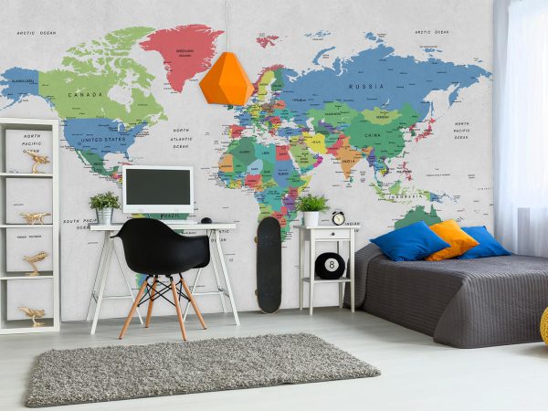 Colorful World Map in Soft Gray Background Wallpaper Mural A10136300 for boy room