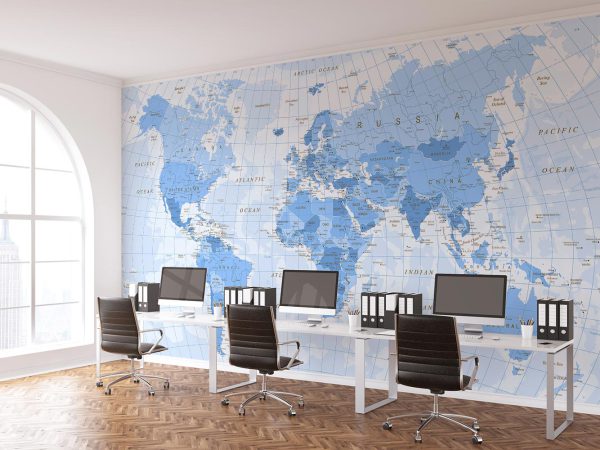 Blue World Map Wallpaper Mural A10137100 for office