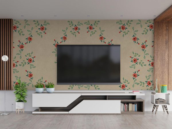 Cream Floral Wallpaper Mural A10137500 behind TV