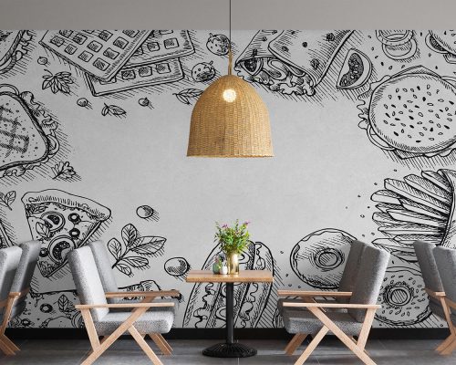 Black and White Line Art Fast Food Wallpaper Mural A10138900 for fast food