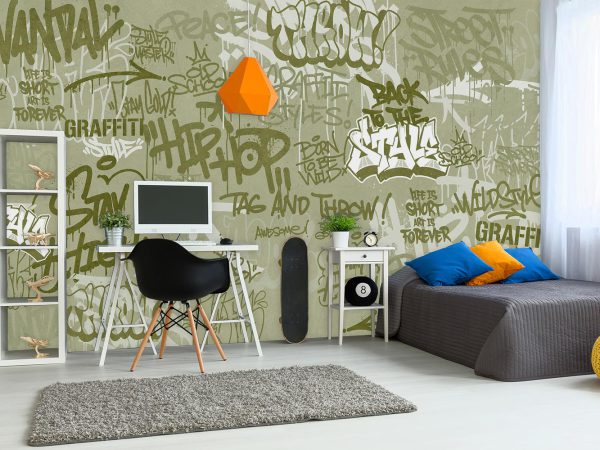 Green Gray Graffiti Wallpaper Mural A10141300 for boy room