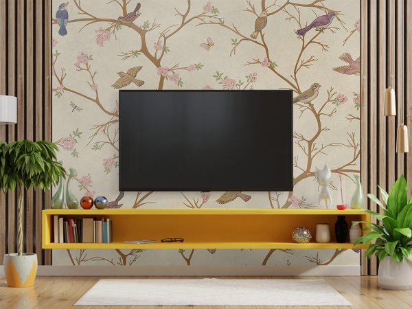 Cherry Blossom Tree and Birds Wallpaper Mural A10141500 behind TV
