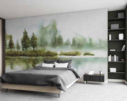Watercolor Painting of Green Trees and a Gray Lake Wallpaper Mural A10144800 for bedroom