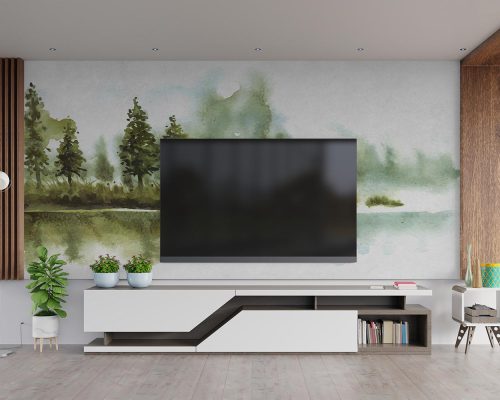 Watercolor Painting of Green Trees and a Gray Lake Wallpaper Mural A10144800 behind TV