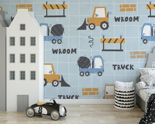 Blue Cartoon Trucks Wallpaper Mural A10147900 for baby boy room
