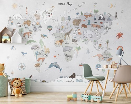 Cartoon Animals and World Map in Gray Background Wallpaper Mural A10149700 for kids room