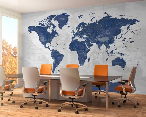 Navy Blue World Map in Gray Background Wallpaper Mural A10150400 for office