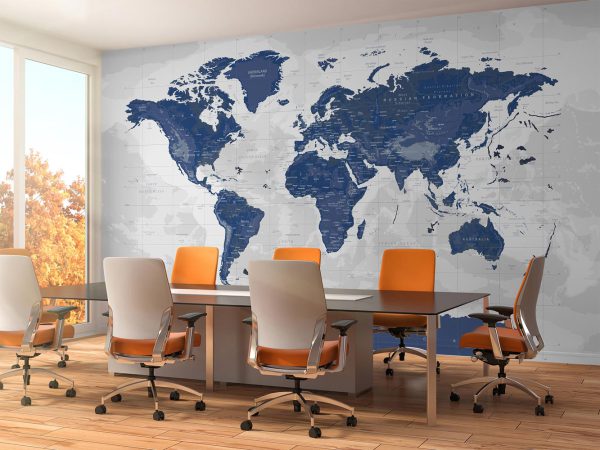 Navy Blue World Map in Gray Background Wallpaper Mural A10150400 for office