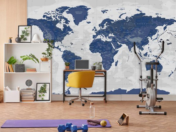 Navy Blue World Map in Gray Background Wallpaper Mural A10150400 for boy room